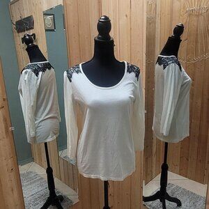 Talbots Small white  long sleeve top with 3/4 sleeves and black shoulder lace